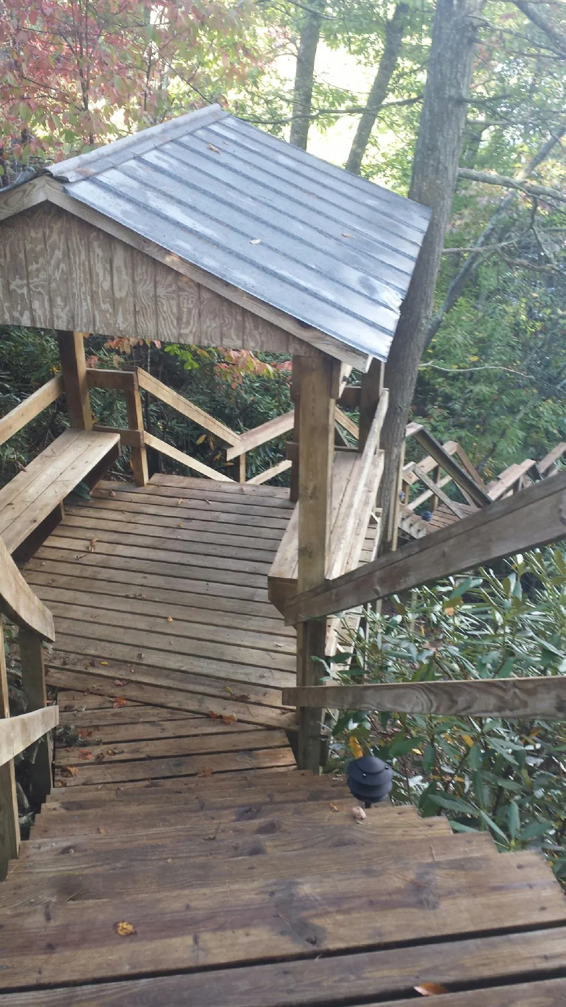 Metal roofed shelter over wooden steps on a wooded walkway — Skylight Repair & Installation work by our crew in Morrilton